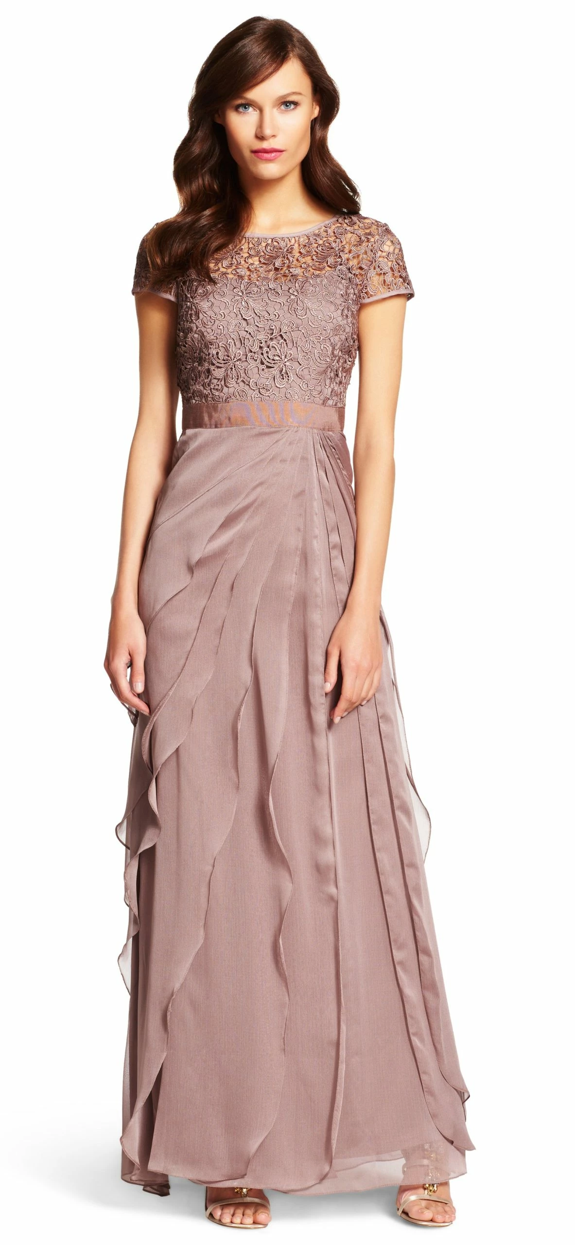 Adrianna Papell Flutter Chiffon Cap Sleeve Gown - Buff