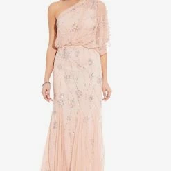 Adrianna Papell One Shoulder Beaded Gown - Blush