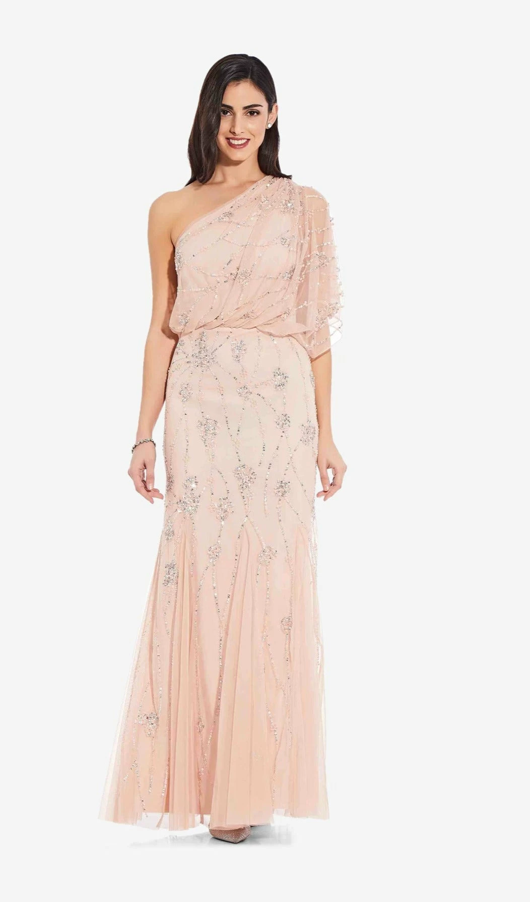 Adrianna Papell One Shoulder Beaded Gown - Blush