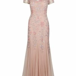 Adrianna Papell Floral Beaded Godet Gown - Blush Pink -Adina's Brida store 091897240 blush