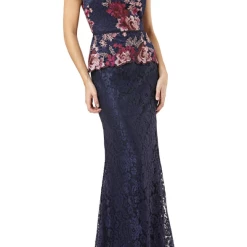 JS Collections Lace Peplum Dress - Navy Fuchsia