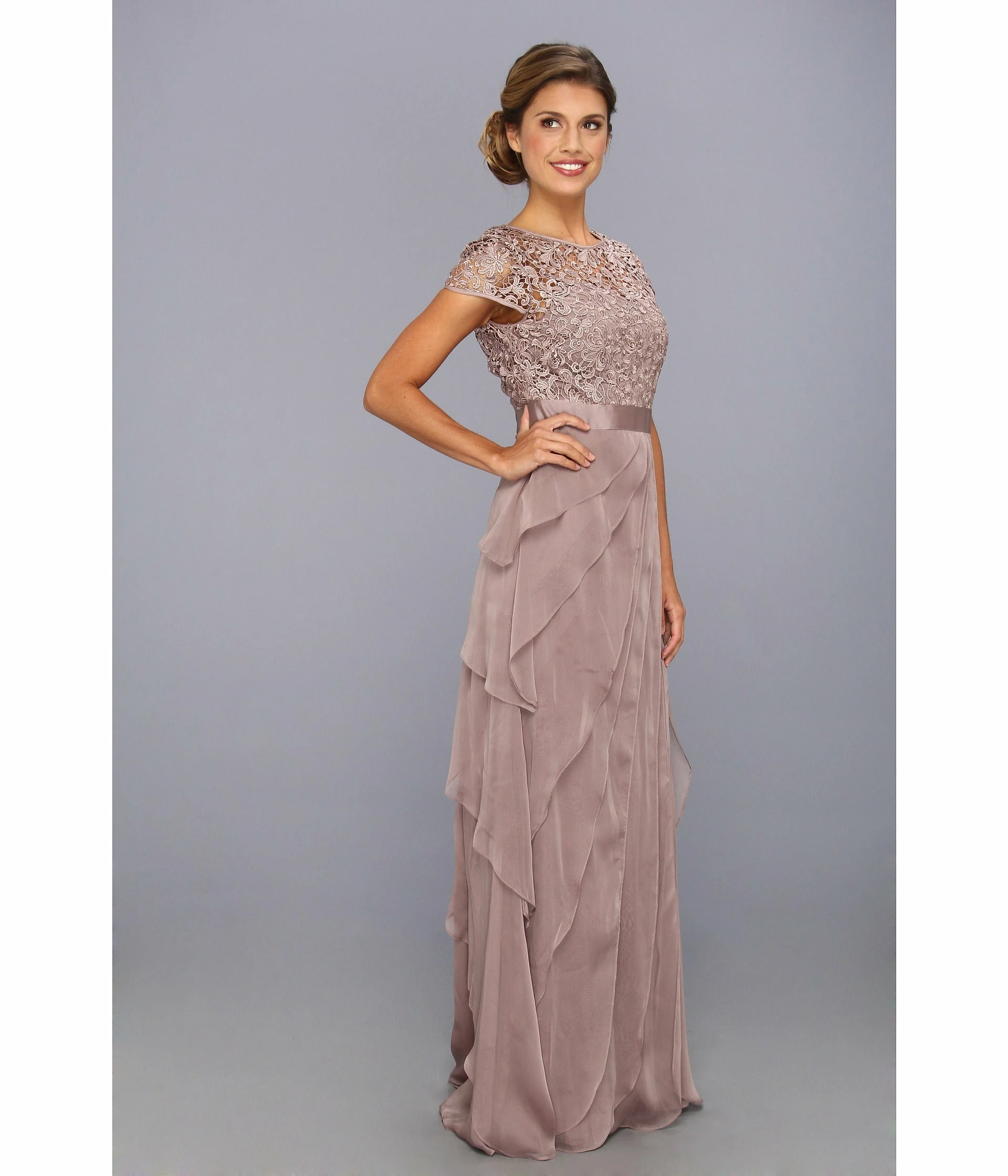 Adrianna Papell Flutter Chiffon Cap Sleeve Gown - Buff - Image 5
