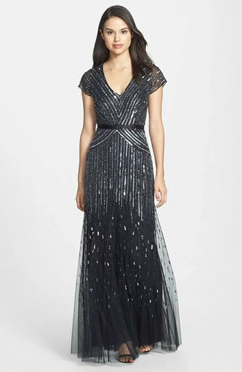 Adrianna Papell Beaded V-neck Gown - Gunmetal - Image 7