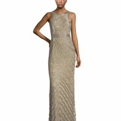 Theia Bead Embellished Sleeveless Column Evening Gown - Bronze Gold