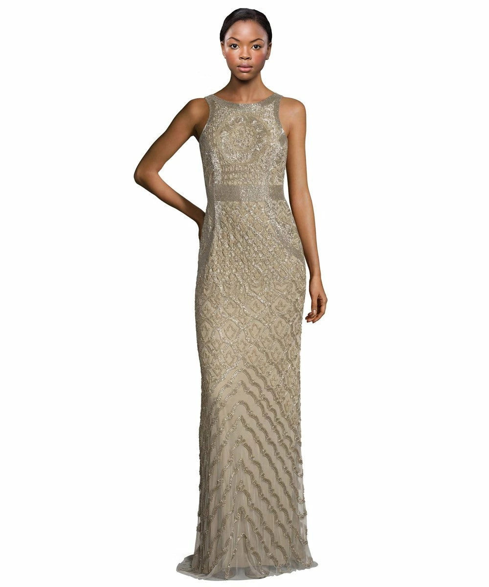 Theia Bead Embellished Sleeveless Column Evening Gown - Bronze Gold