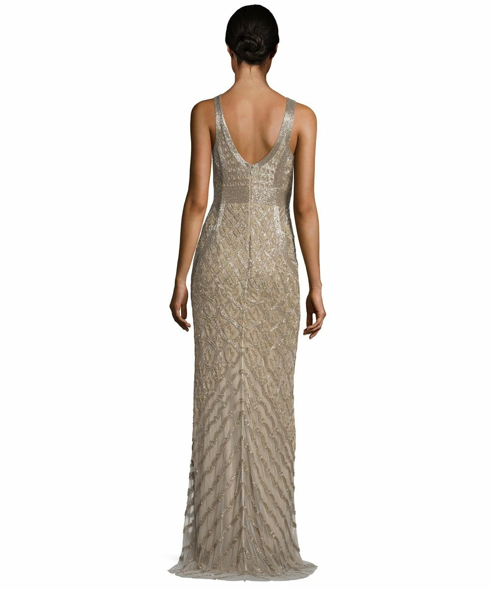Theia Bead Embellished Sleeveless Column Evening Gown - Bronze Gold - Image 2