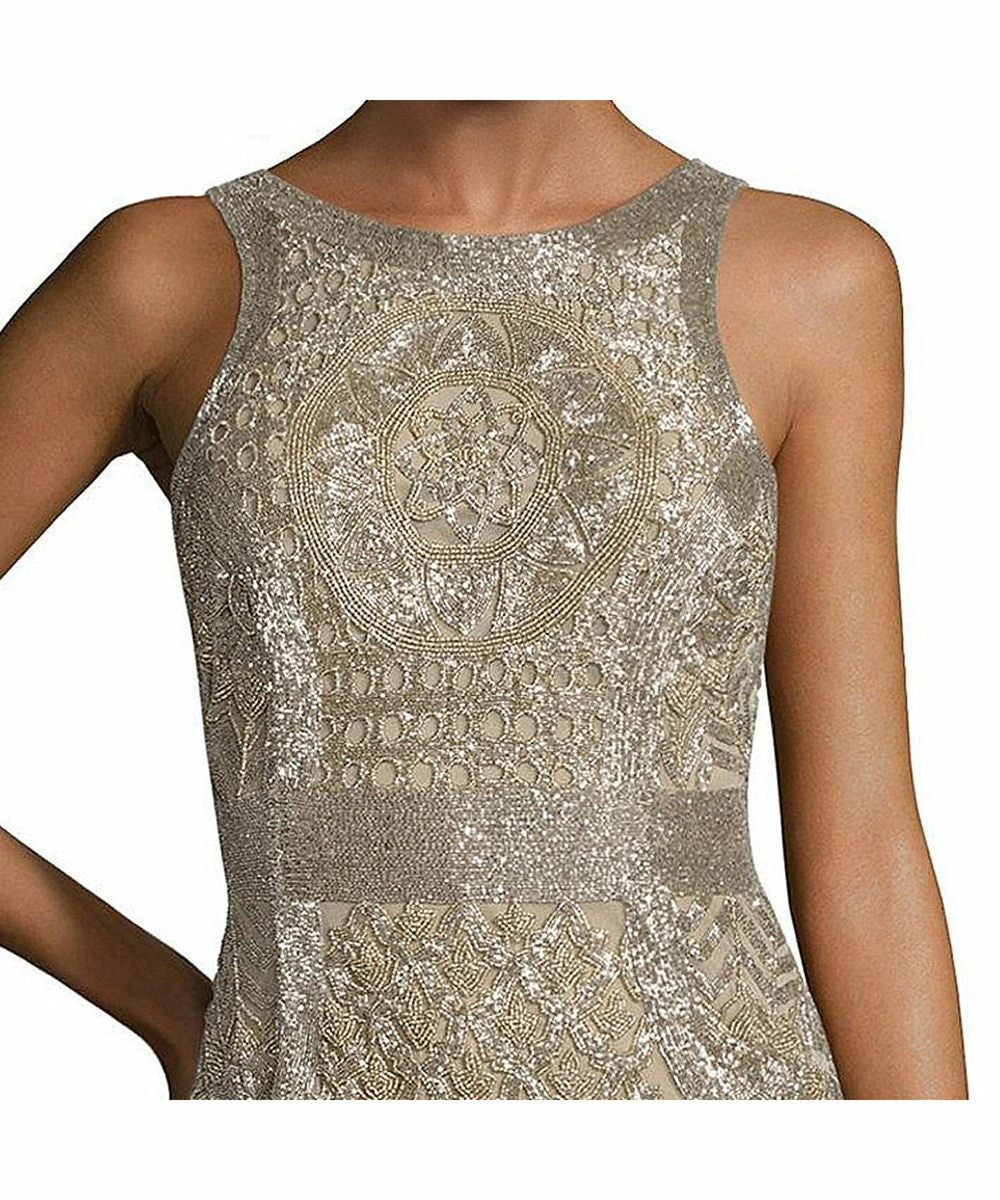 Theia Bead Embellished Sleeveless Column Evening Gown - Bronze Gold - Image 3