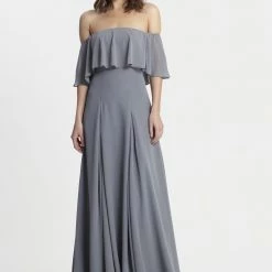 Monique Lhullier Monique Lhuillier Off The Shoulder Chiffon Gown - Steel Gray