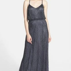 Adrianna Papell Beaded Chiffon Blouson Gown - Gunmetal