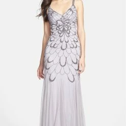 Adrianna Papell Beaded Backless Mesh Art Deco Gown - Heather Grey