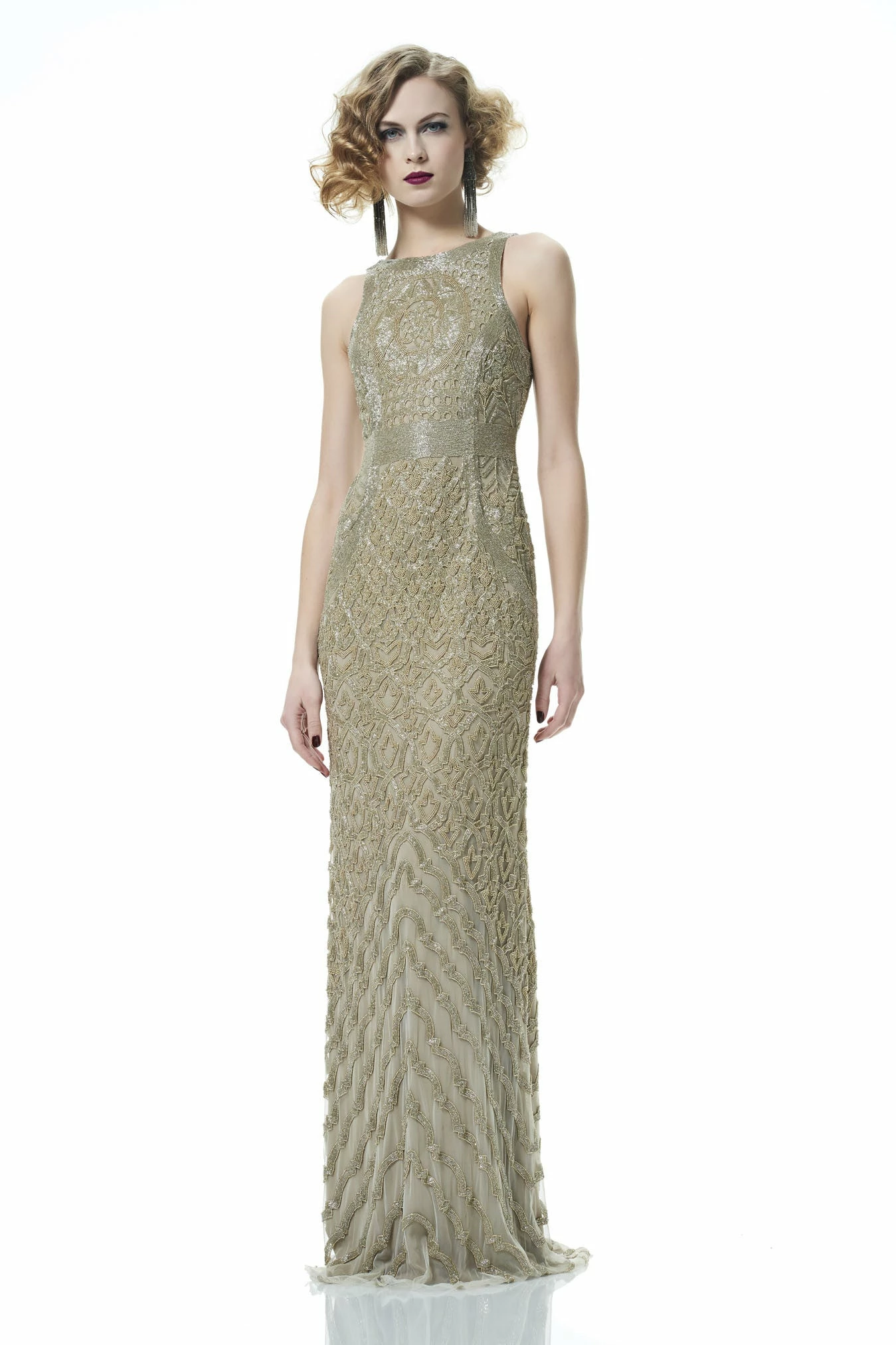 Theia Bead Embellished Sleeveless Column Evening Gown - Bronze Gold - Image 4
