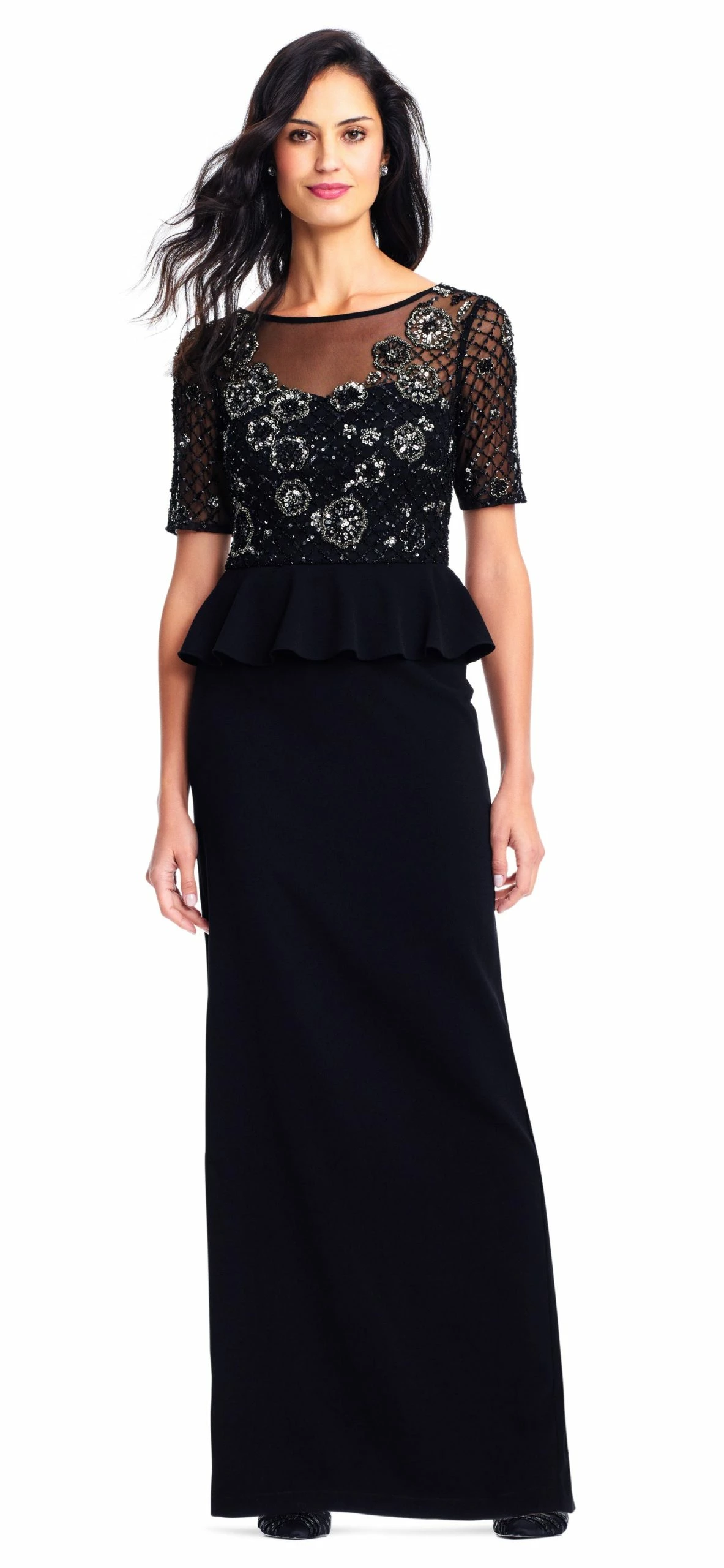 Adrianna Papell Crepe Peplum Gown - Black