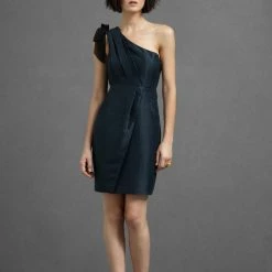 BHLDN Cornerways One Shoulder Silk Dress - Abyss Blue