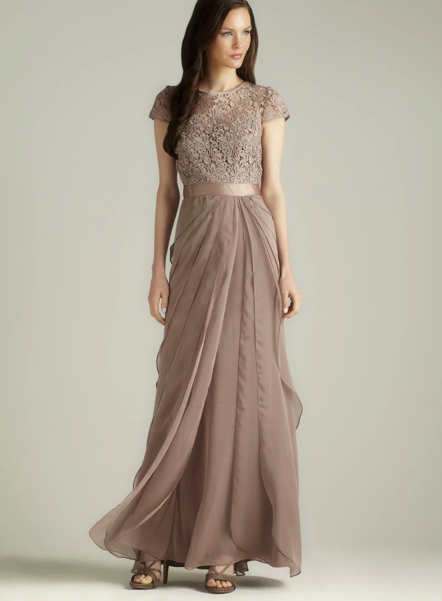 Adrianna Papell Flutter Chiffon Cap Sleeve Gown - Buff - Image 10