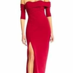 Aidan Mattox Off Shoulder Column Gown With Thigh High Slit - Ruby Red