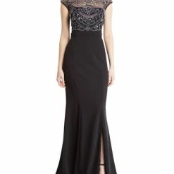 Aidan Mattox Cap-Sleeve Pearly Beaded-Bodice Gown - Black