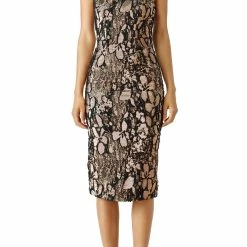 Theia Metallic Jacquard Halter Sheath Dress - Teal Rose Gold