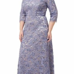 JS Collections Boat Neck 3/4 Sleeve Floral Lace Dress - Periwinkle Nude
