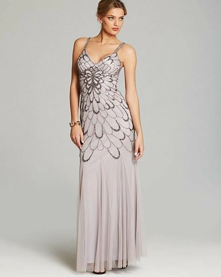Adrianna Papell Beaded Backless Mesh Art Deco Gown - Heather Grey - Image 3