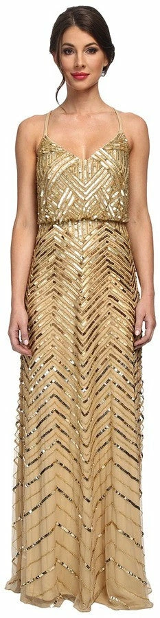 Adrianna Papell Chevron Beaded Blouson Gown - Gold