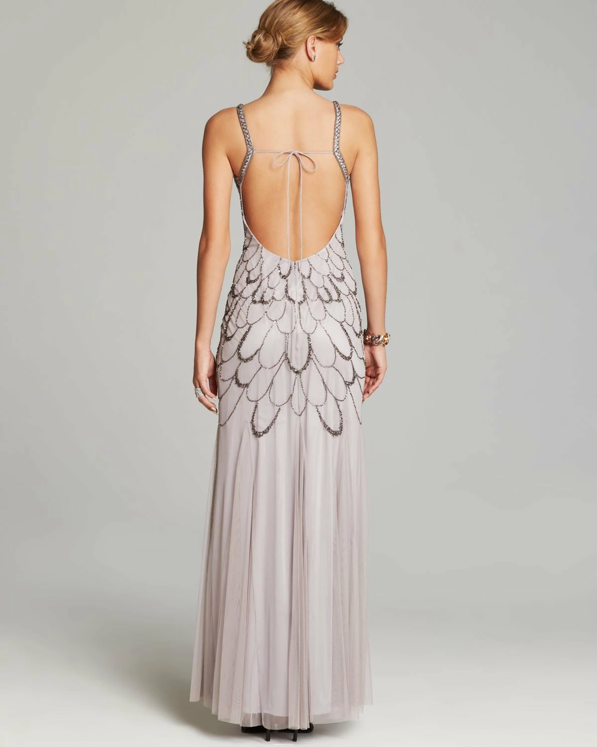 Adrianna Papell Beaded Backless Mesh Art Deco Gown - Heather Grey - Image 4