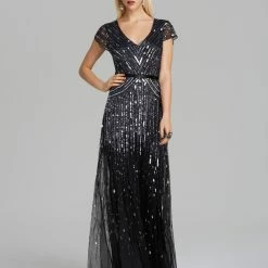 Adrianna Papell Beaded V-neck Gown - Gunmetal