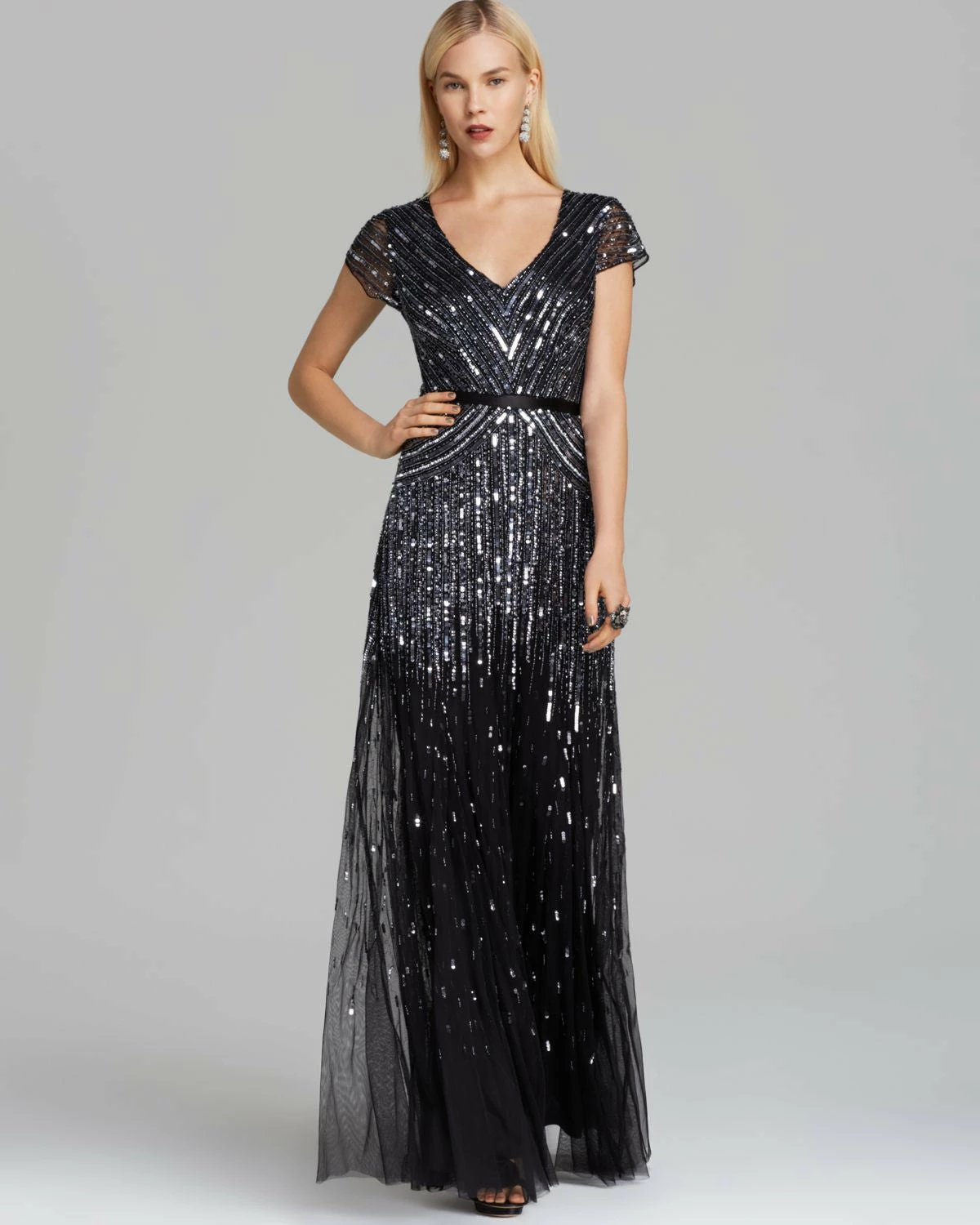 Adrianna Papell Beaded V-neck Gown - Gunmetal