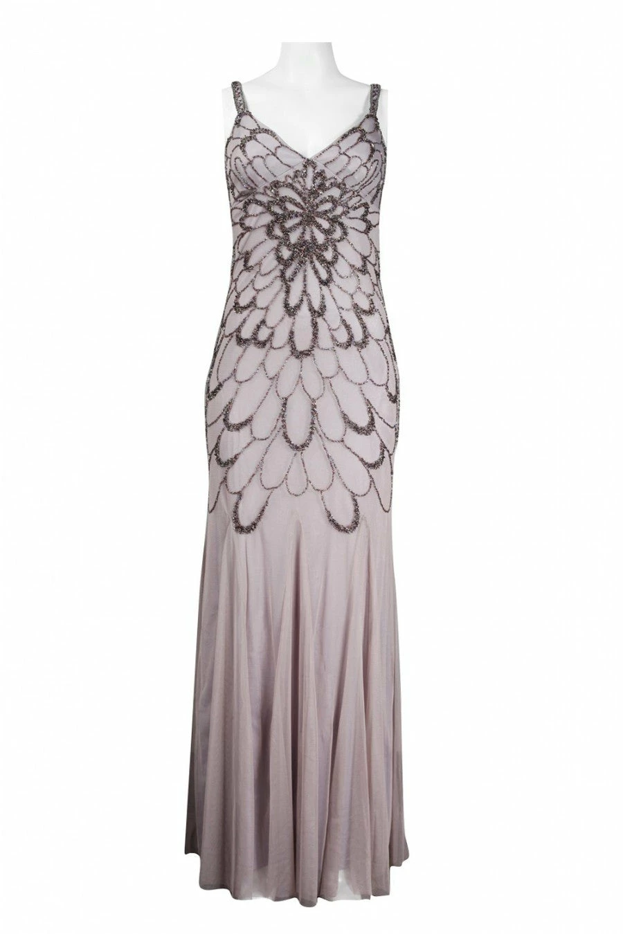 Adrianna Papell Beaded Backless Mesh Art Deco Gown - Heather Grey - Image 6