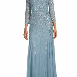 Adrianna Papell Beaded V-Neck 3/4 Sleeve A-Line Gown - Air Sky