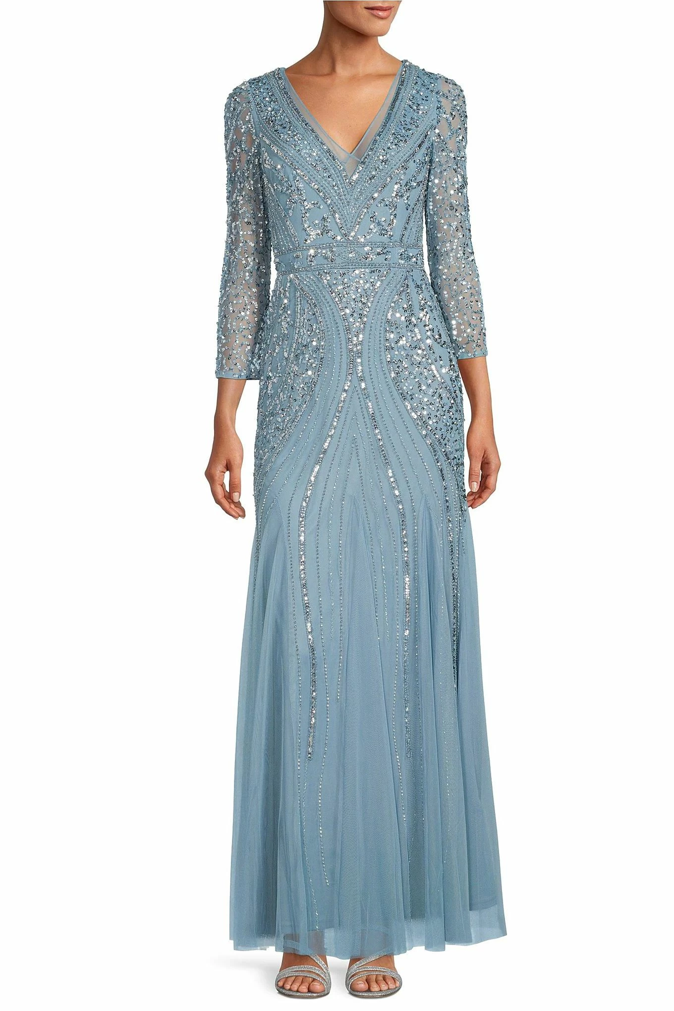 Adrianna Papell Beaded V-Neck 3/4 Sleeve A-Line Gown - Air Sky
