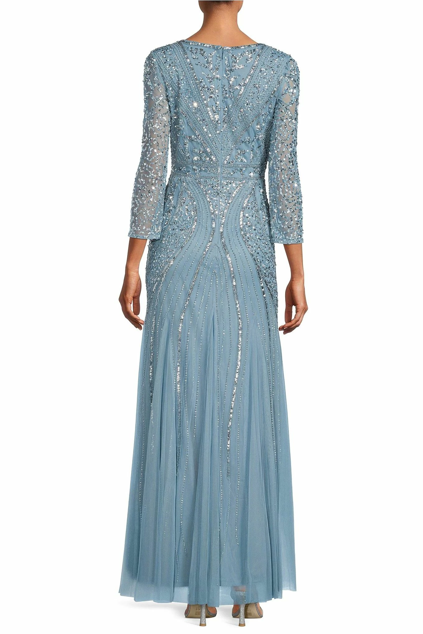 Adrianna Papell Beaded V-Neck 3/4 Sleeve A-Line Gown - Air Sky - Image 2