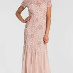 Adrianna Papell Floral Beaded Godet Gown - Blush Pink