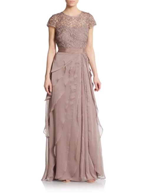 Adrianna Papell Flutter Chiffon Cap Sleeve Gown - Buff - Image 9