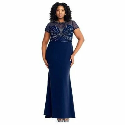 Adriana Papell Adrianna Papell Beaded Short Sleeve Trumpet Dress - Deep Blue 7 Adriana Papell Adrianna Papell Beaded Short Sleeve Trumpet Dress - Deep Blue - Image 5