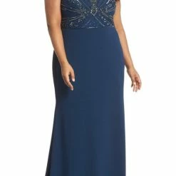 Adriana Papell Adrianna Papell Beaded Short Sleeve Trumpet Dress - Deep Blue