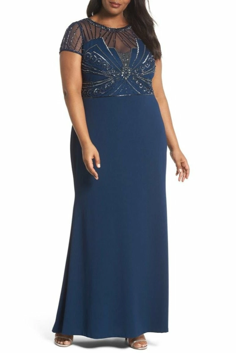 Adriana Papell Adrianna Papell Beaded Short Sleeve Trumpet Dress - Deep Blue 3 Adriana Papell Adrianna Papell Beaded Short Sleeve Trumpet Dress - Deep Blue