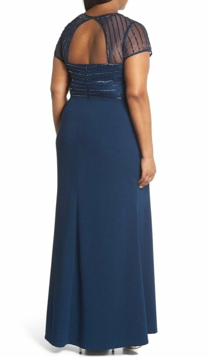 Adriana Papell Adrianna Papell Beaded Short Sleeve Trumpet Dress - Deep Blue 4 Adriana Papell Adrianna Papell Beaded Short Sleeve Trumpet Dress - Deep Blue - Image 2