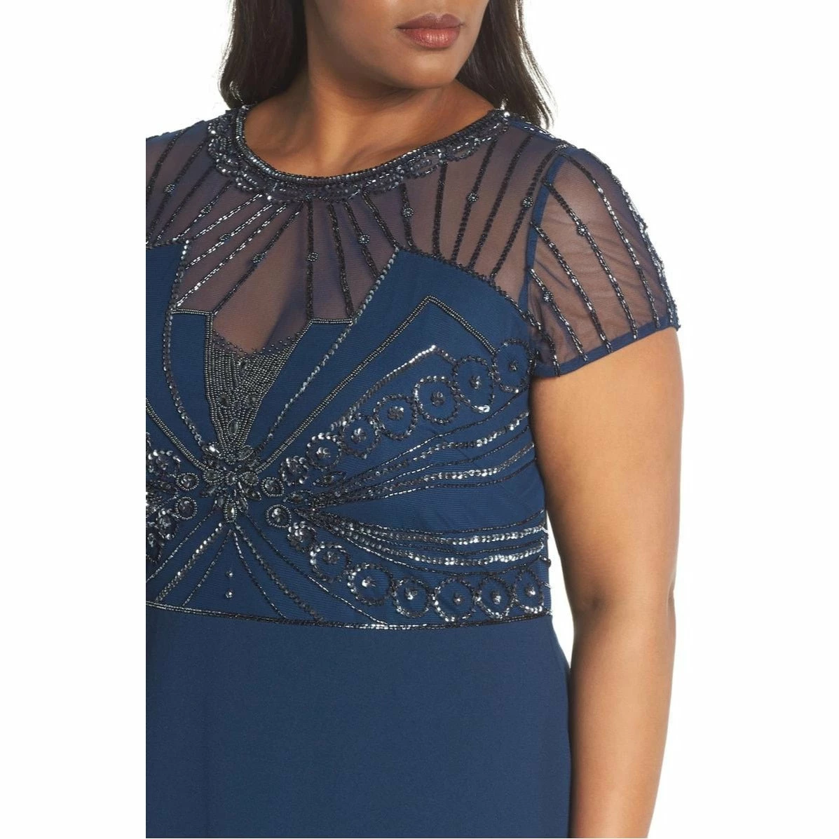 Adriana Papell Adrianna Papell Beaded Short Sleeve Trumpet Dress - Deep Blue 6 Adriana Papell Adrianna Papell Beaded Short Sleeve Trumpet Dress - Deep Blue - Image 4