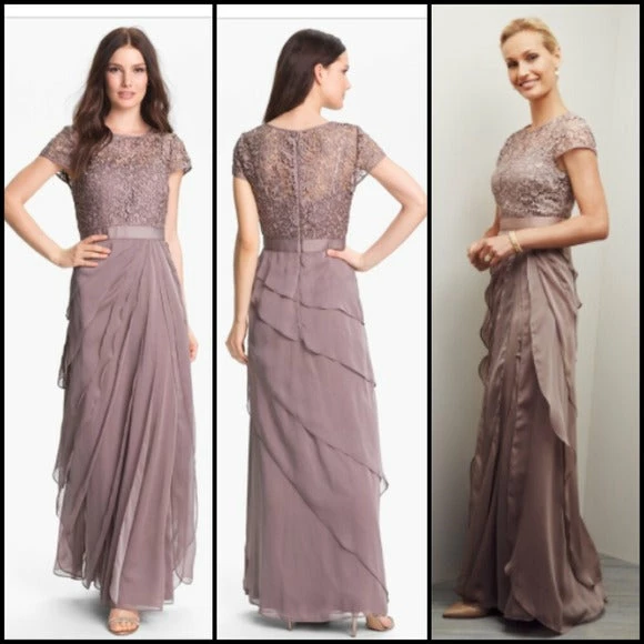 Adrianna Papell Flutter Chiffon Cap Sleeve Gown - Buff - Image 12