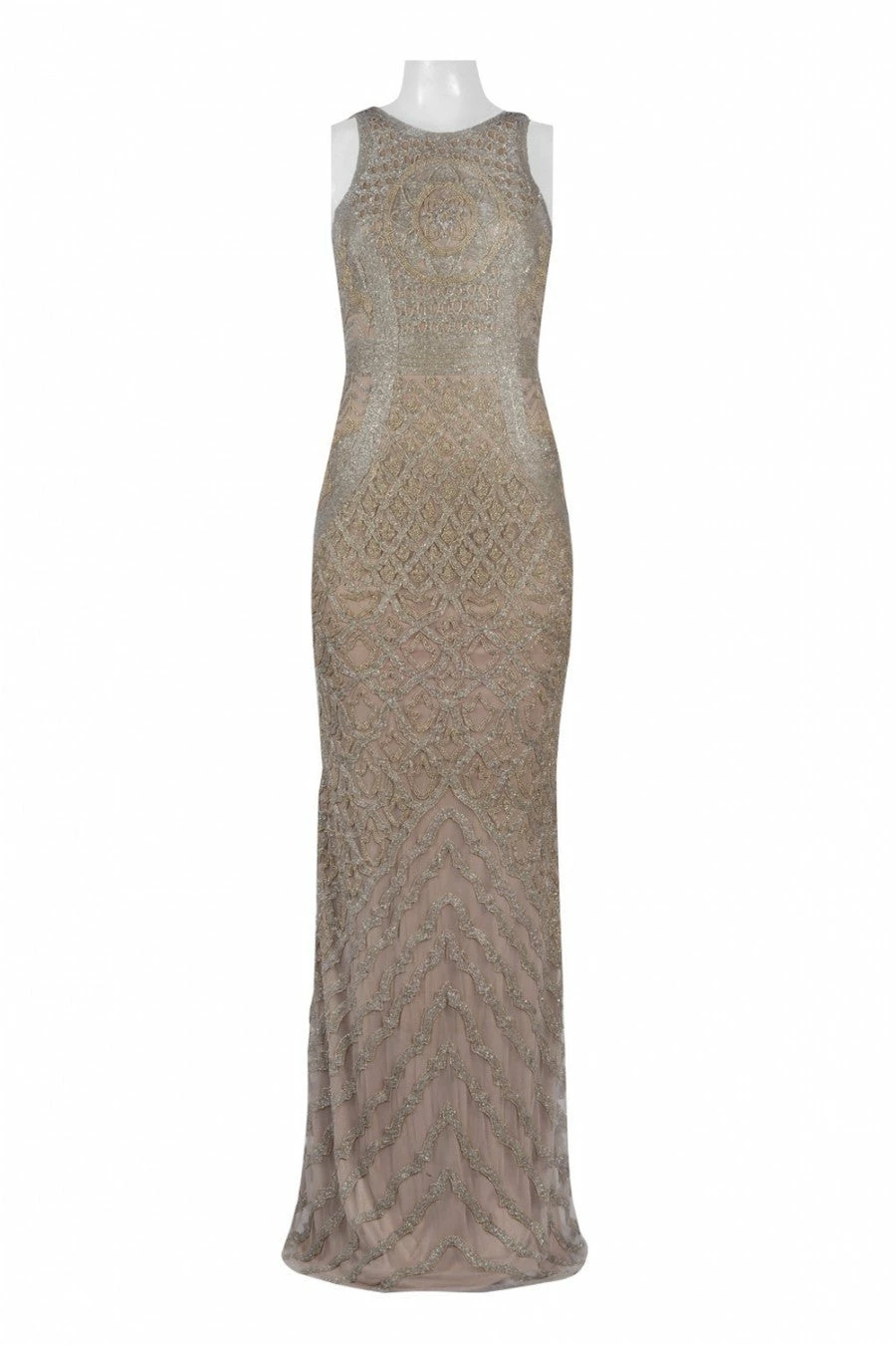 Theia Bead Embellished Sleeveless Column Evening Gown - Bronze Gold - Image 5